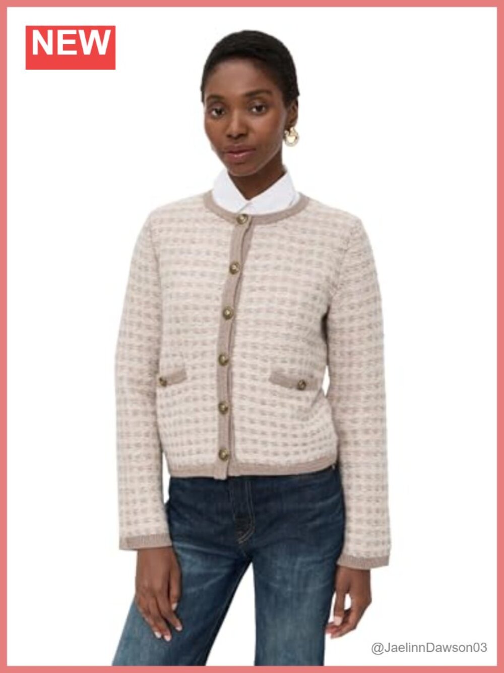 Wool Mohair Blend Cardigan Welt Pockets Ribbed Trim Crew Neck Long Sleeve